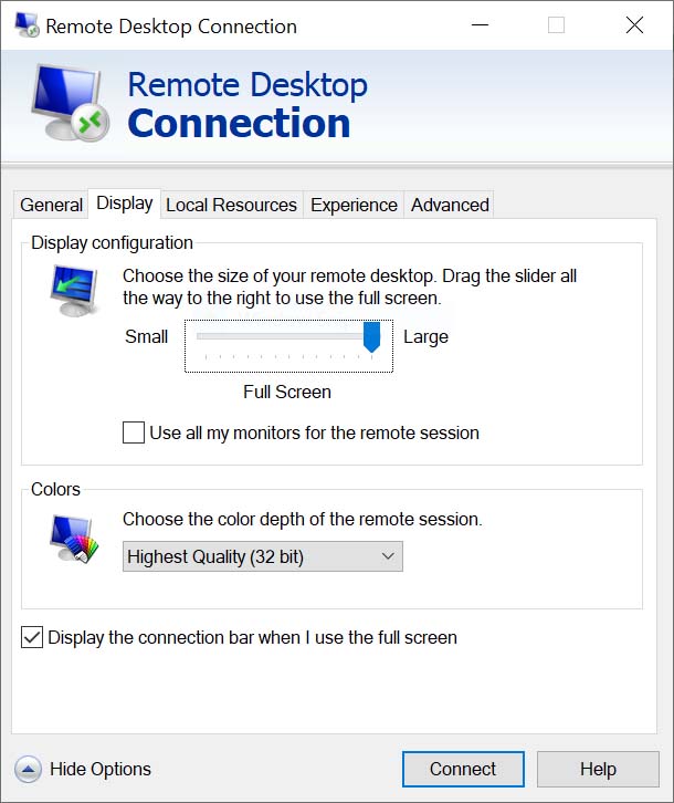 Remote Desktop Connection Display tab