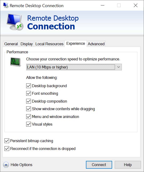 Remote Desktop Connection Display tab